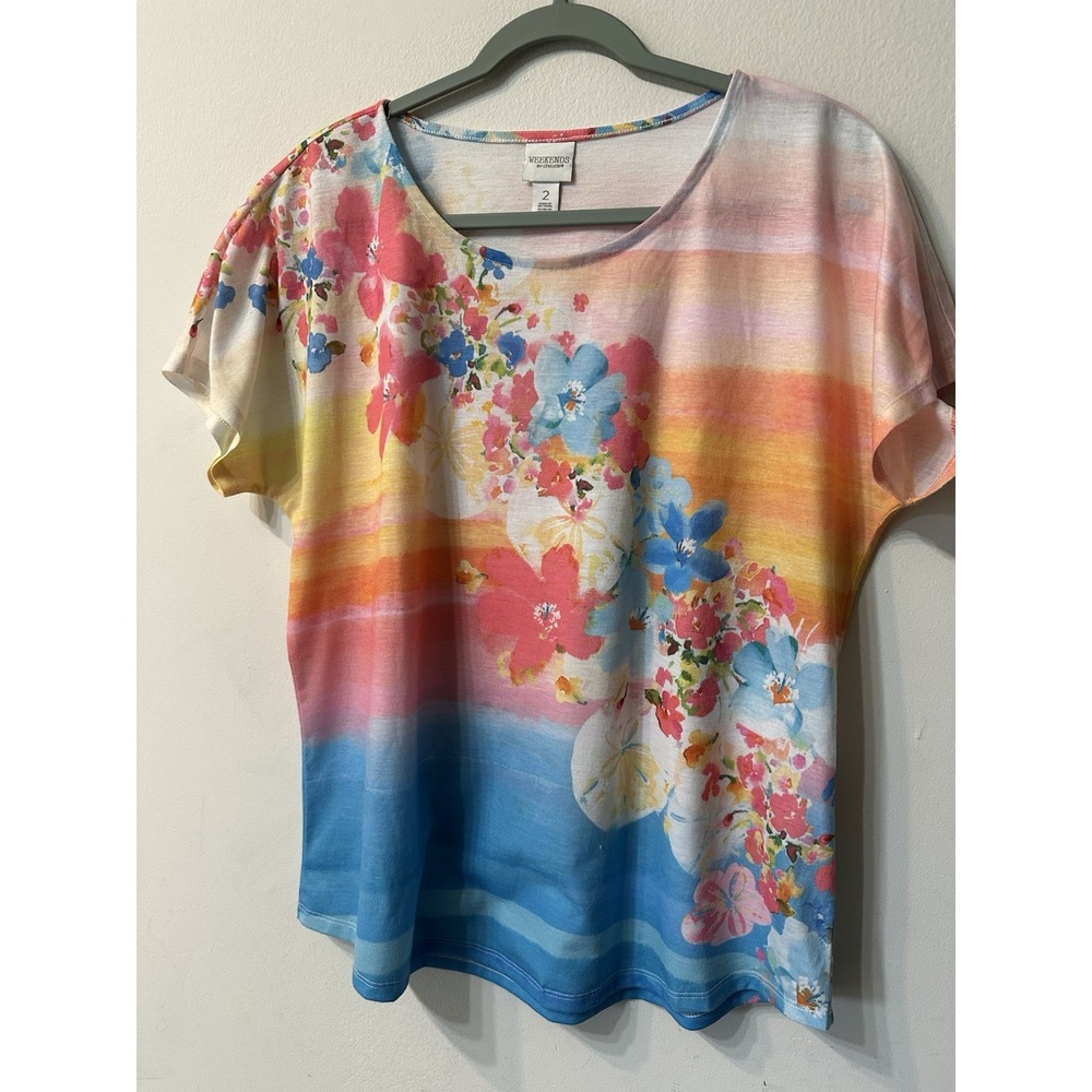 Weekends By Chico's Size 2 L Tropical Sunset Floral Sand Dollar Top Short Sleeve